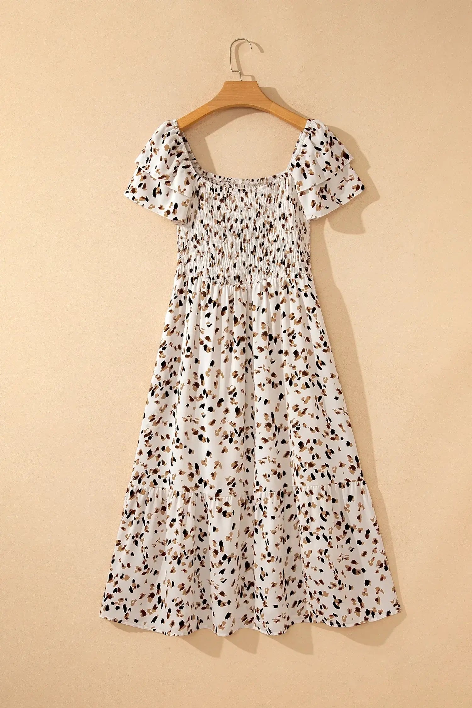 Beige Ditsy Floral Print Smocked Square Neck Ruffle Short Sleeve Dress - Sweet Fashion Wholesale