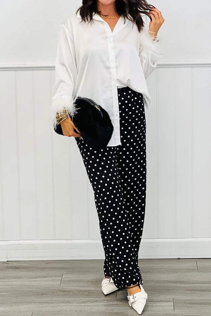 Black Polka Dot Print Elastic Waist Lace Hem Loose Pants