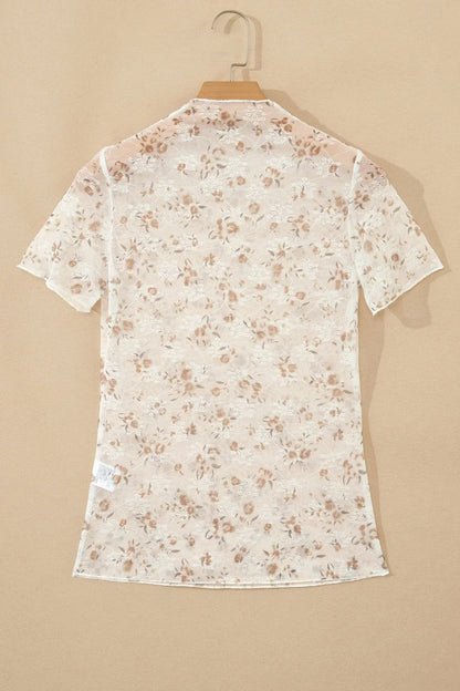 White Mock Neck Short Sleeve Floral Mesh Top - Sweet Fashion Wholesale