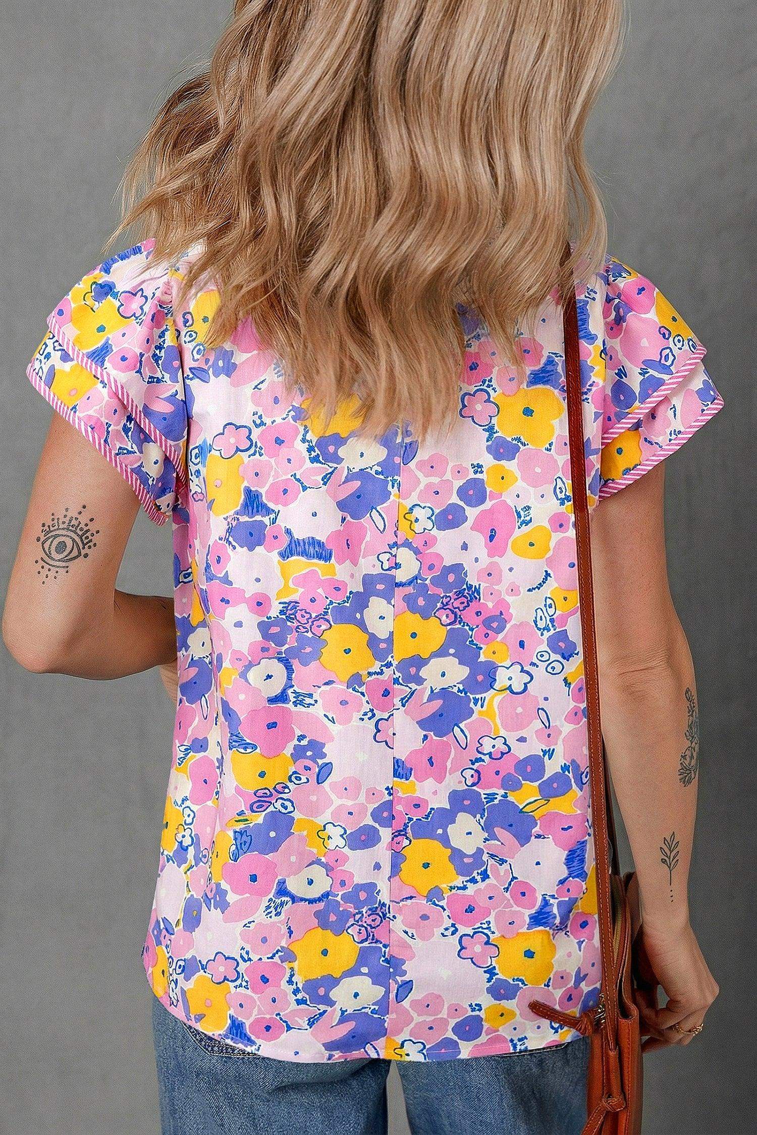 Pink Playful Floral Print Striped Color Block Patchwork V Neck Flutter Sleeve Blouse - Sweet Fashion Wholesale