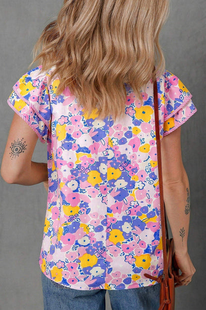 Pink Playful Floral Print Striped Color Block Patchwork V Neck Flutter Sleeve Blouse - Sweet Fashion Wholesale