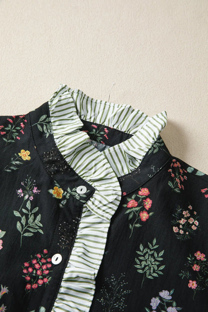 Black Contrast Frilled Trim Short Sleeve Floral Shirt - Sweet Fashion Wholesale