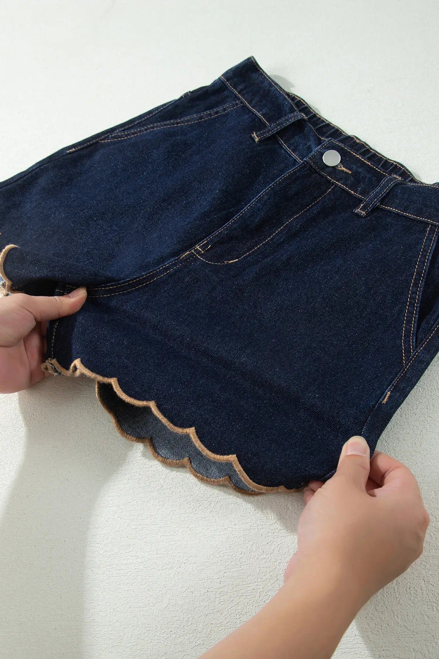 Navy Blue Embroidered Scalloped Trim Relaxed Denim Shorts - Sweet Fashion Wholesale