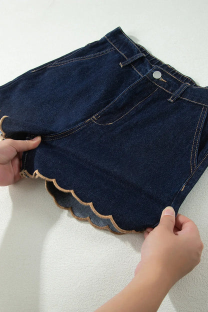 Navy Blue Embroidered Scalloped Trim Relaxed Denim Shorts - Sweet Fashion Wholesale