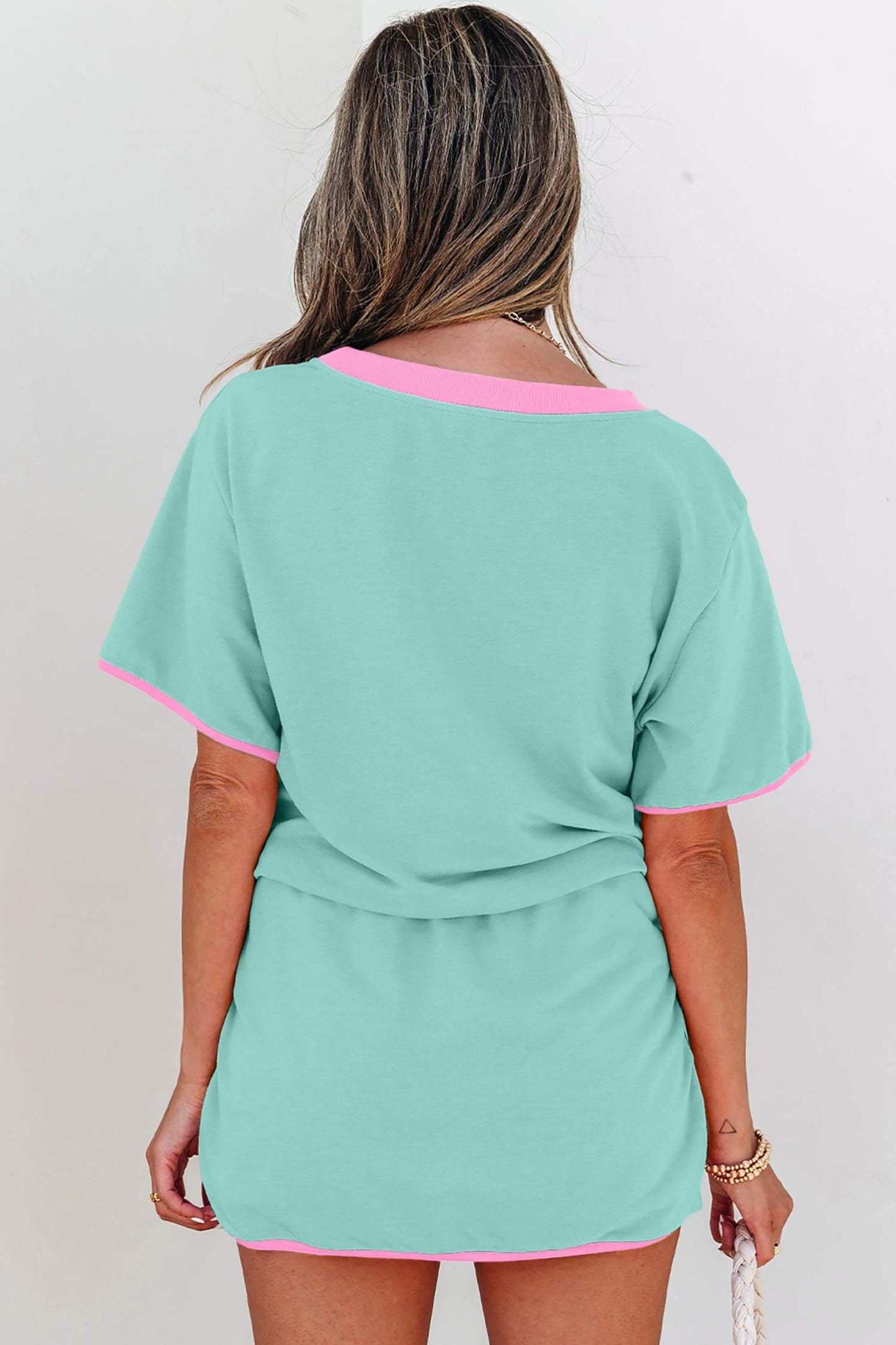 Apricot Colorblock Edge Drop Shoulder T Shirt and Skort 2Pcs Set