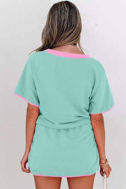 Apricot Colorblock Edge Drop Shoulder T Shirt and Skort 2Pcs Set