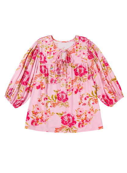 Pink Plus Size Floral Print V Neck Tie Front Short Sleeve Tunic Top