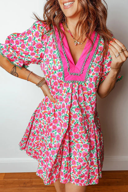 Pink Floral Print V Neck Patchwork Short Bubble Sleeve Mini Dress - Sweet Fashion Wholesale