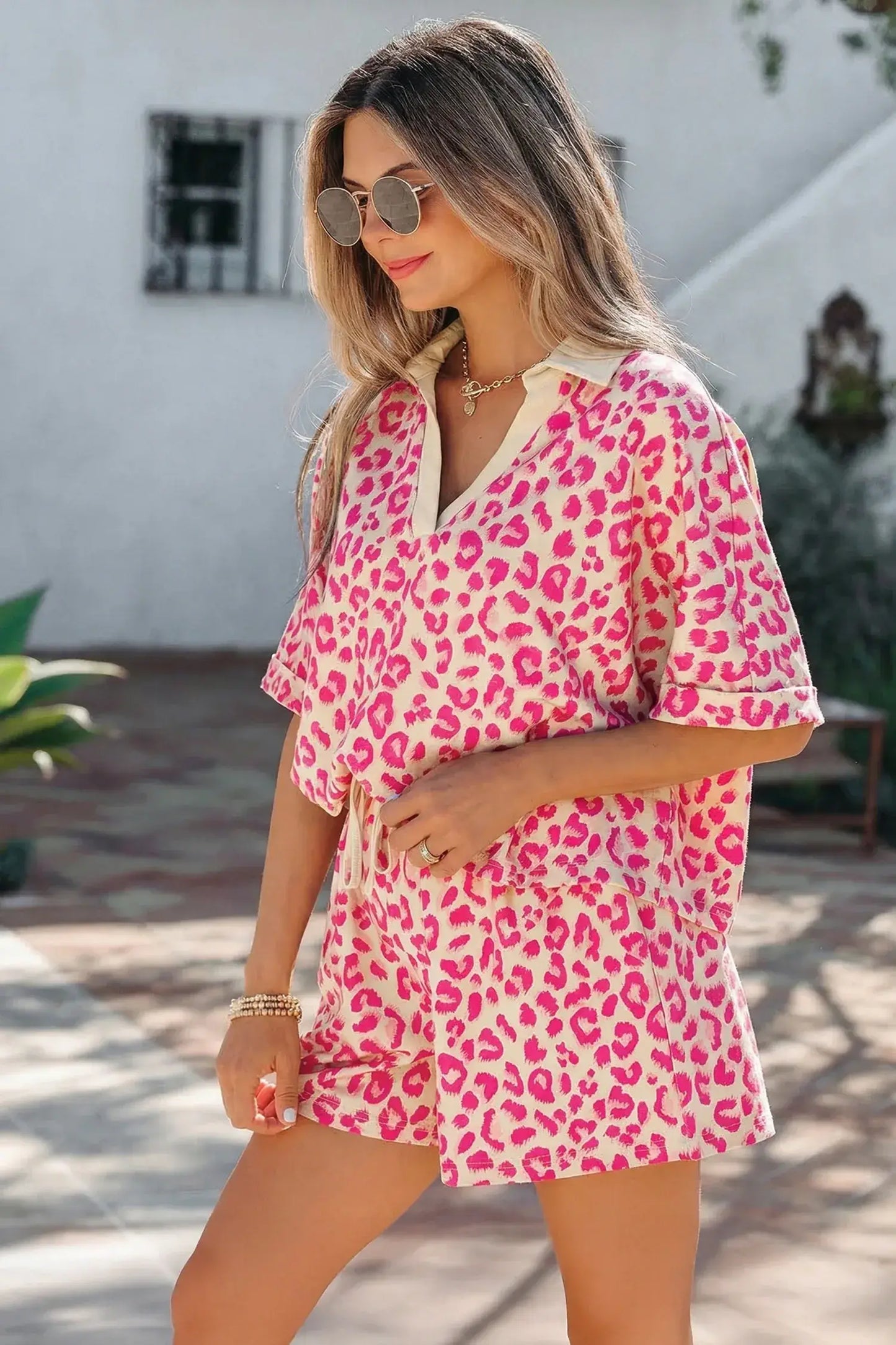 Khaki V Neck Collar Leopard Printed 2pcs Short Set - Sweet Fashion Wholesale