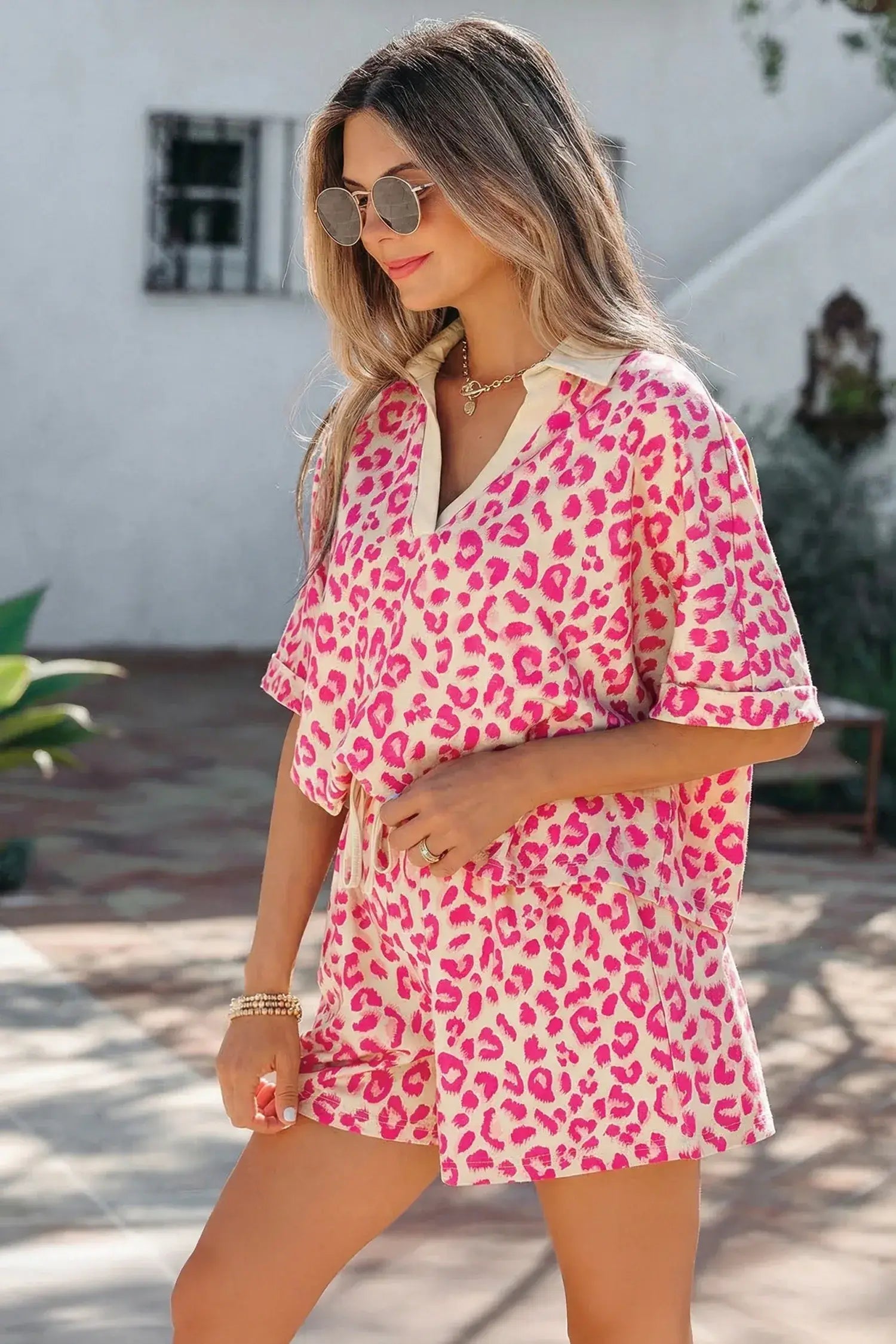 Khaki V Neck Collar Leopard Printed 2pcs Short Set - Sweet Fashion Wholesale