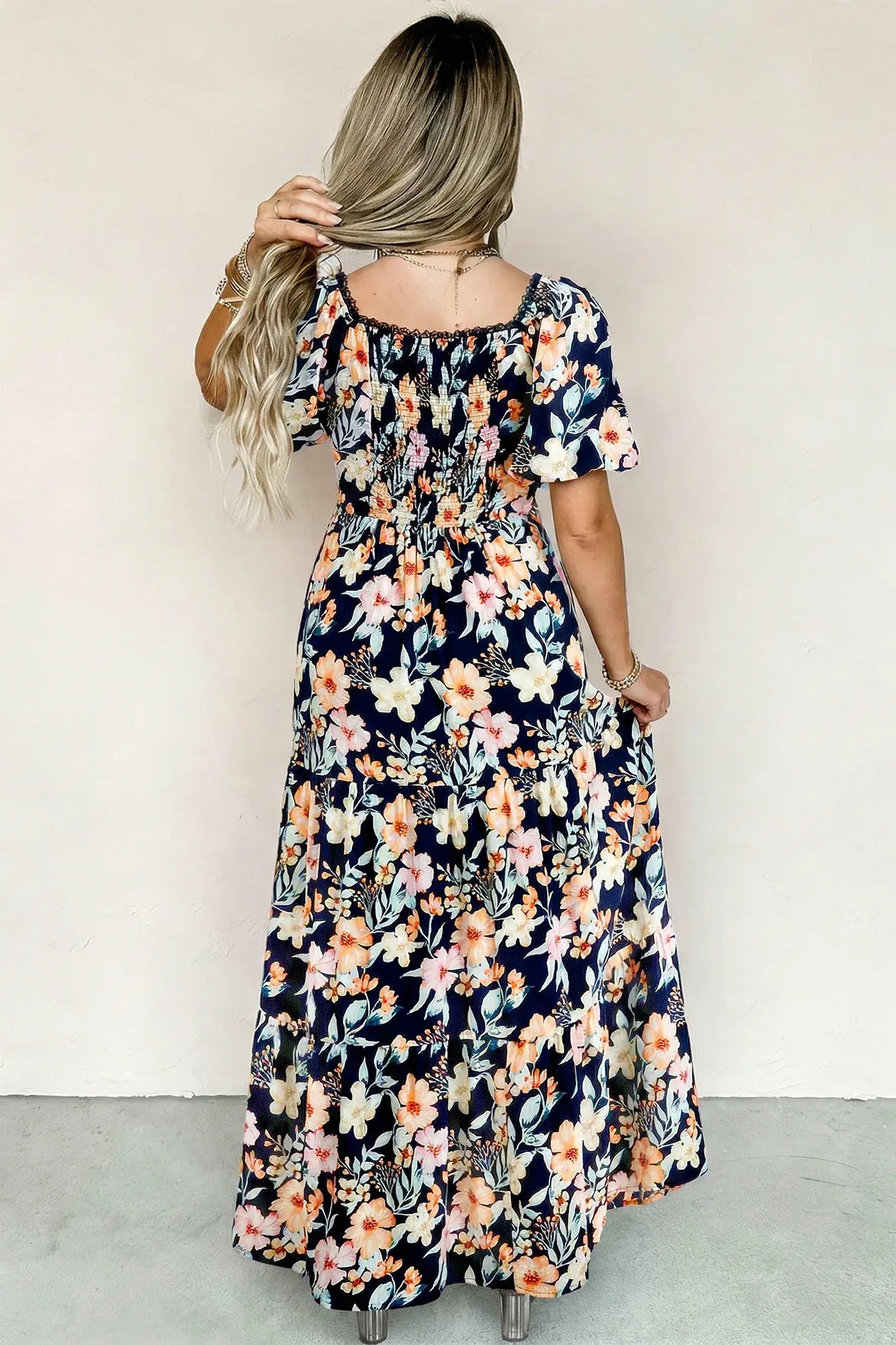 Blue Short Sleeve Smocked Detail High Waist Floral Maxi Dress - Sweet Fashion Wholesale