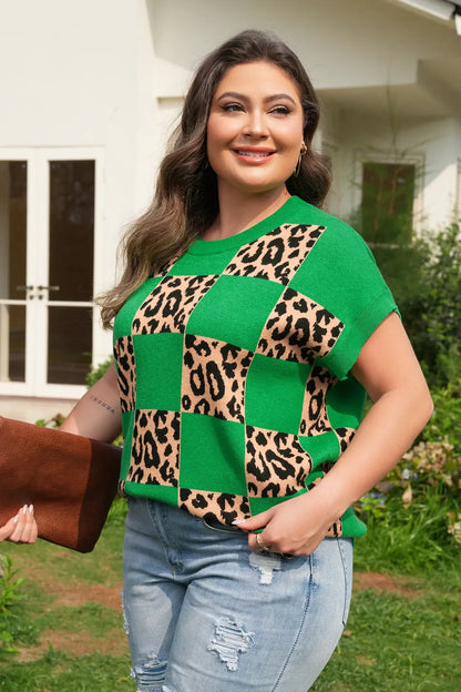 Red Plus Size Leopard Contrasted Checkered Short Sleeve Sweater - Sweet Fashion Wholesale