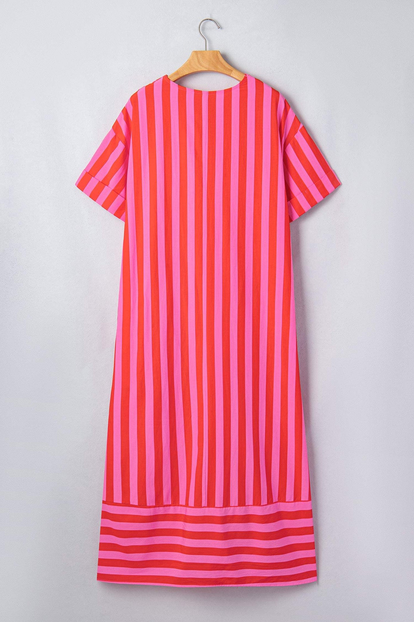 Red Stripe V Neck Cuffed Sleeve Relaxed Split Midi Dress