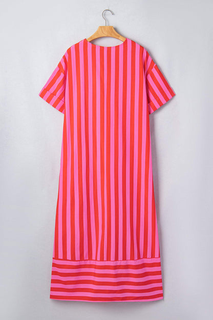 Red Stripe V Neck Cuffed Sleeve Relaxed Split Midi Dress
