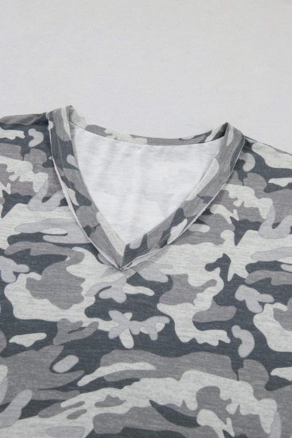 Green Retro Camouflage Print Raw Edge V Neck Tee