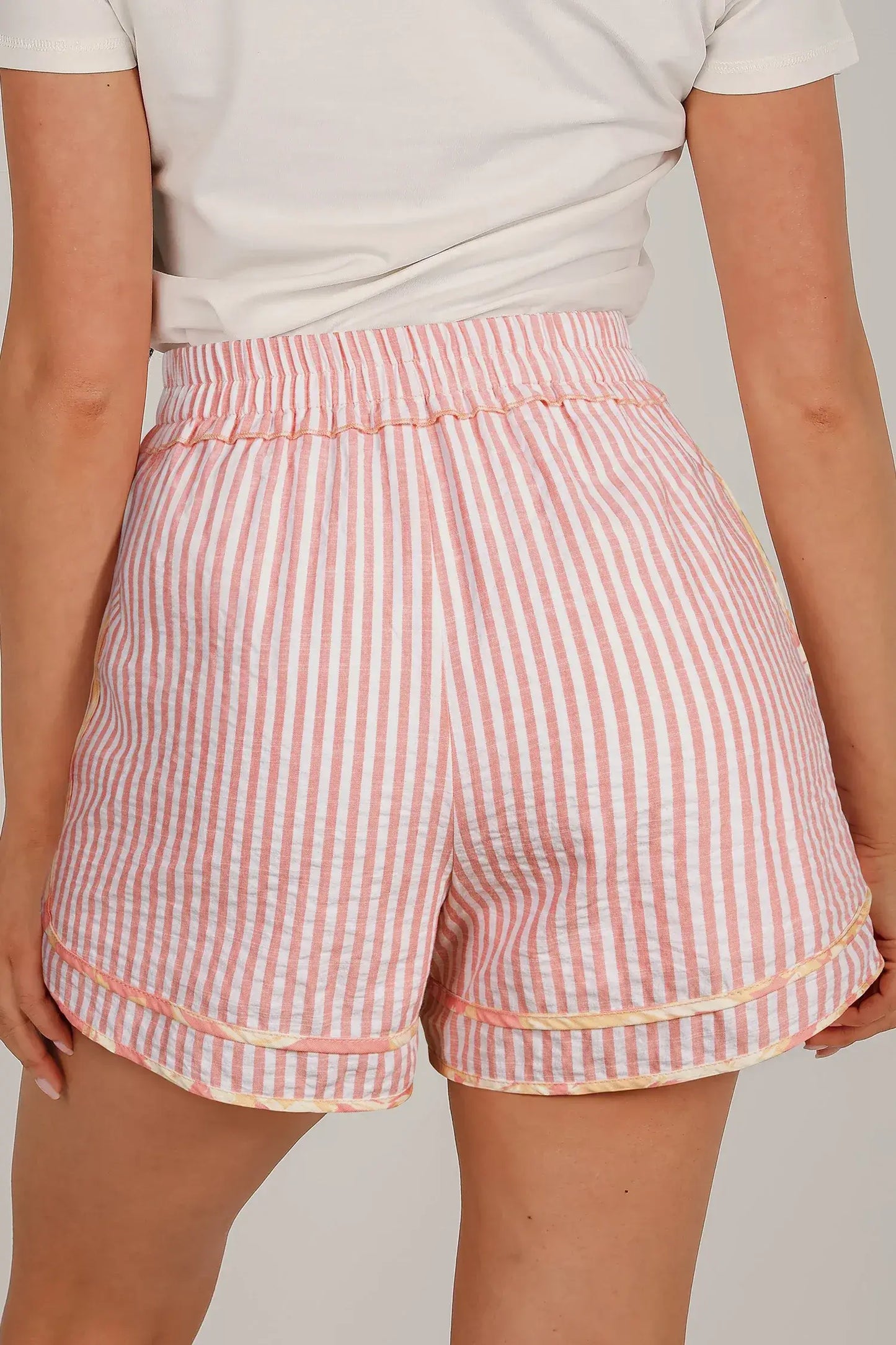 Light Pink Floral Trim Ribbon Knot Striped Casual Shorts - Sweet Fashion Wholesale