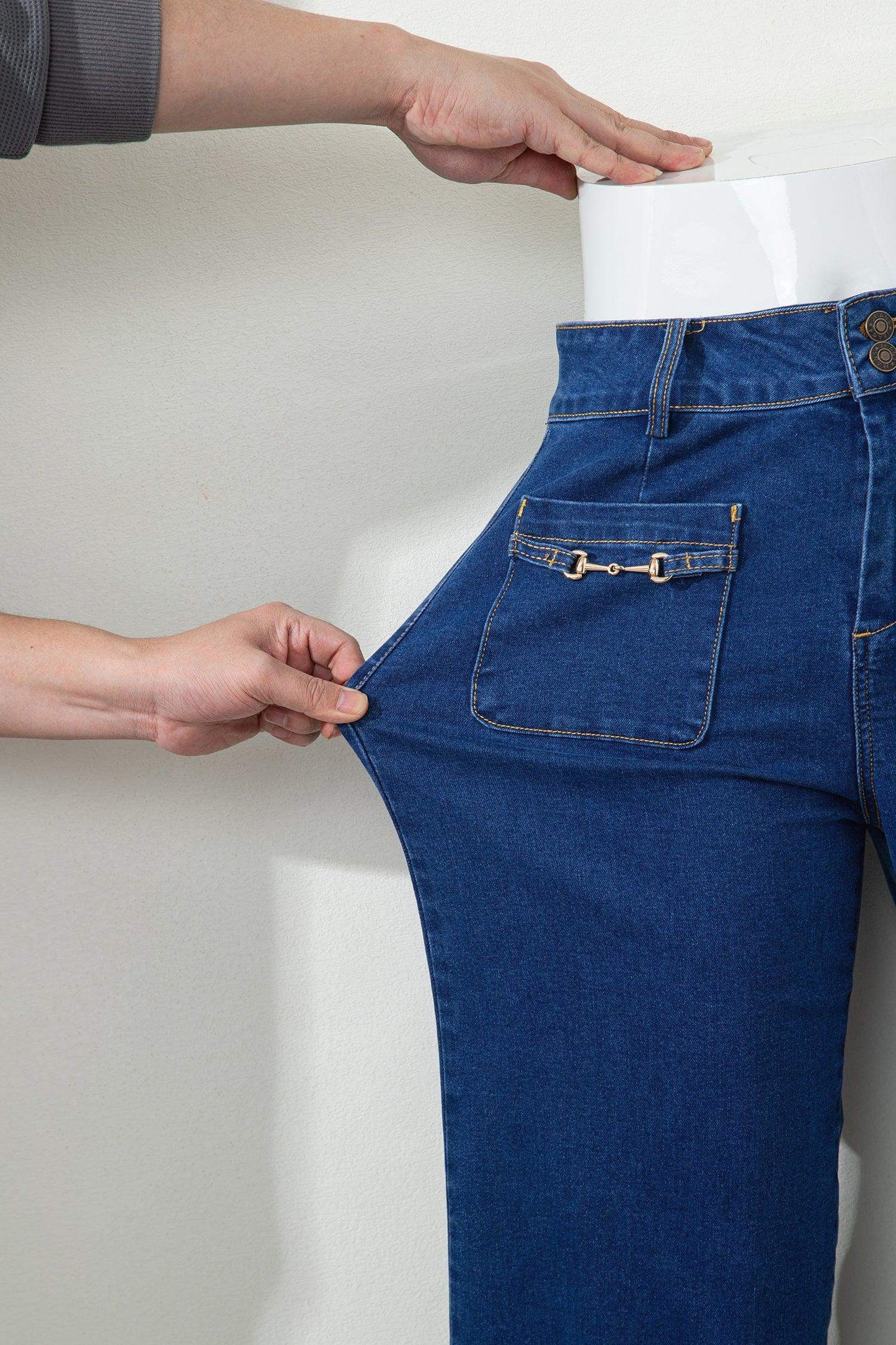 Sail Blue Hardware Decor Patched Pockets Wide Leg Denim Pants - Sweet Fashion Wholesale