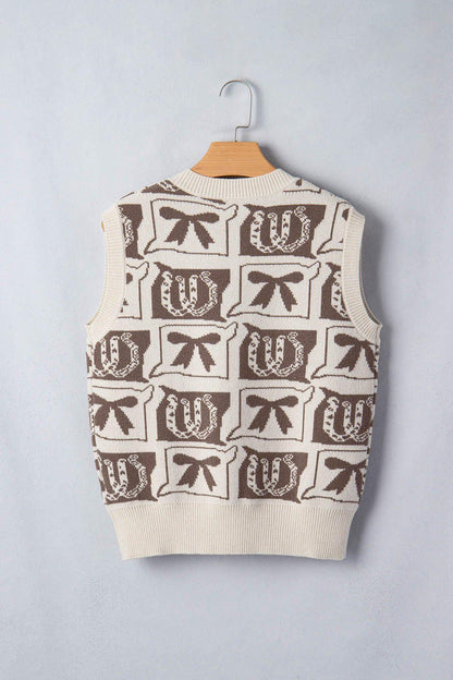 Brown Western Horseshoe Bow Printed V Neck Loose Sweater Vest