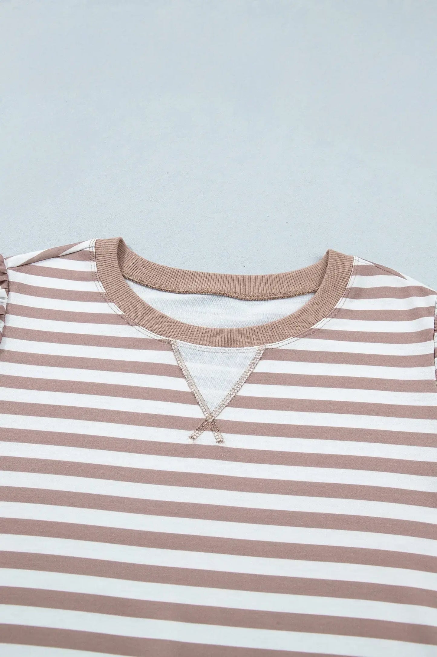 Orange Stripe Ribbed Trim Round Neck Short Puff Sleeve Plus T Shirt - Sweet Fashion Wholesale
