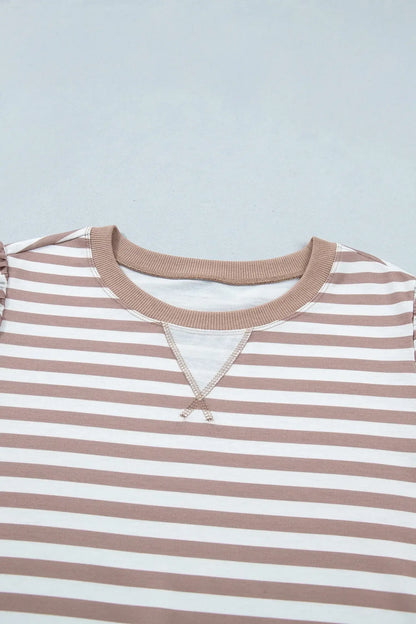 Orange Stripe Ribbed Trim Round Neck Short Puff Sleeve Plus T Shirt - Sweet Fashion Wholesale
