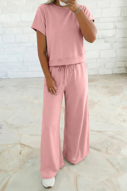 Clearly Aqua Solid Color Loose Tee Drawstring Wide Leg Pants 2pcs Outfit - Sweet Fashion Wholesale