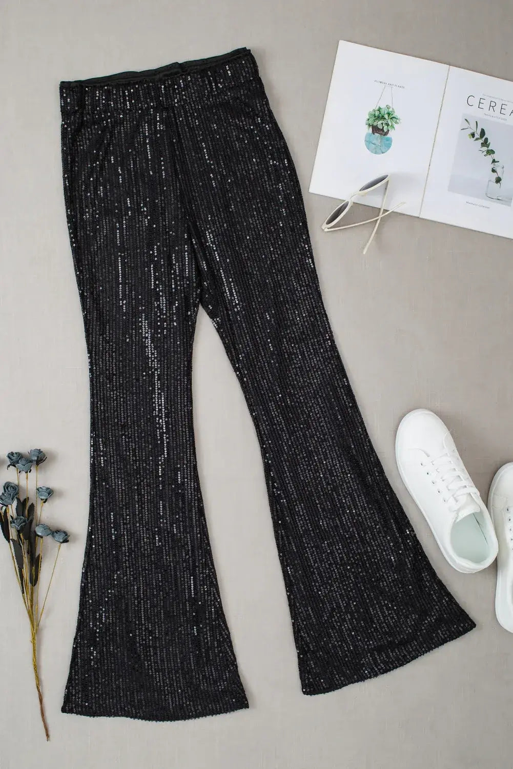 Black Sequin Wide Leg Pants - Sweet Fashion Wholesale