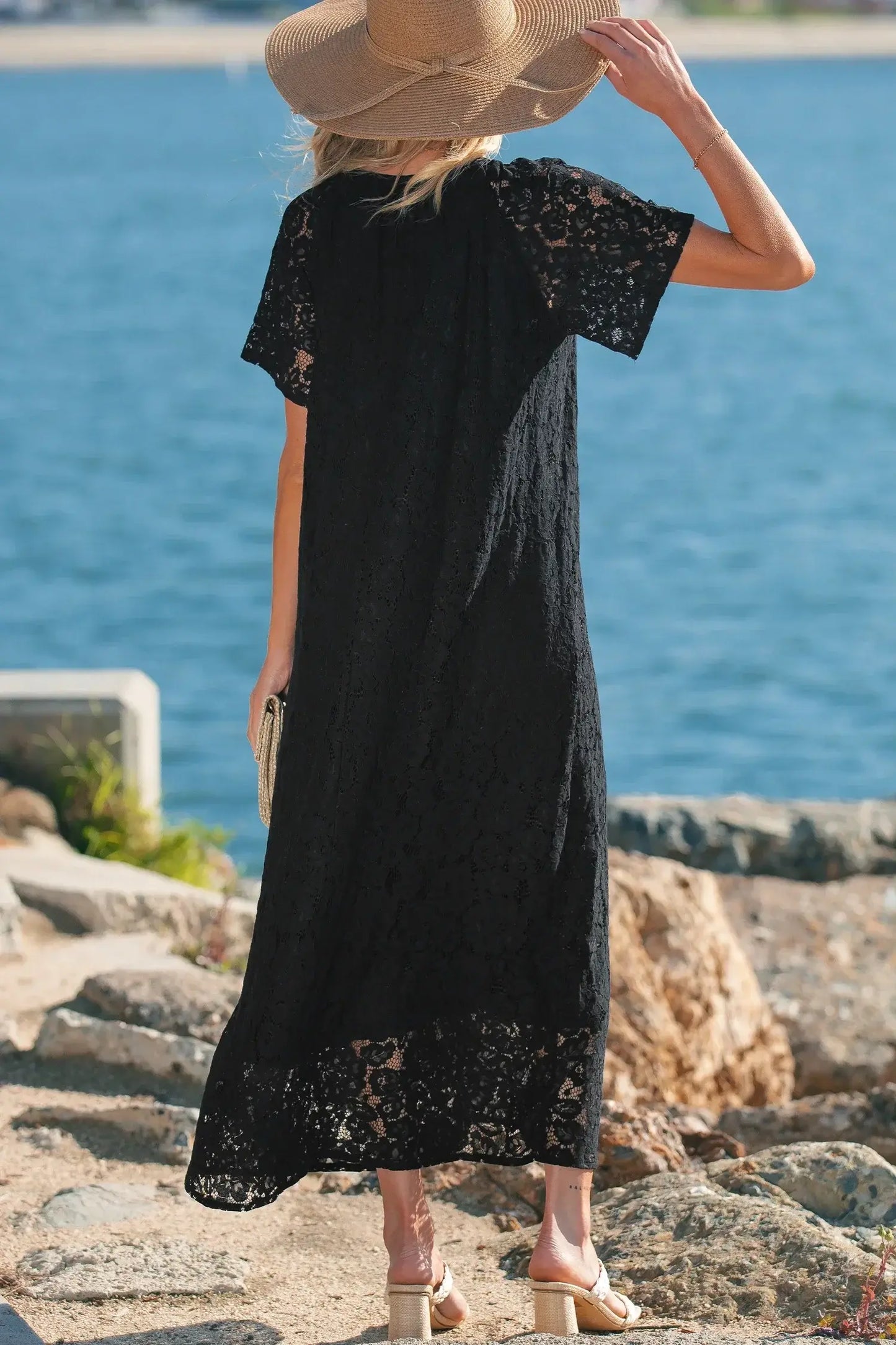 Black Floral Lace Overlay Tassel Tie Short Sleeve Beach Vacation Loose Maxi Dress - Sweet Fashion Wholesale