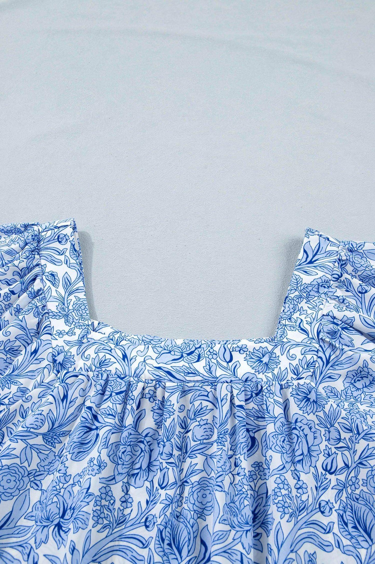 Sky Blue Square Neck Short Puff Sleeve Pleated Floral Blouse - Sweet Fashion Wholesale
