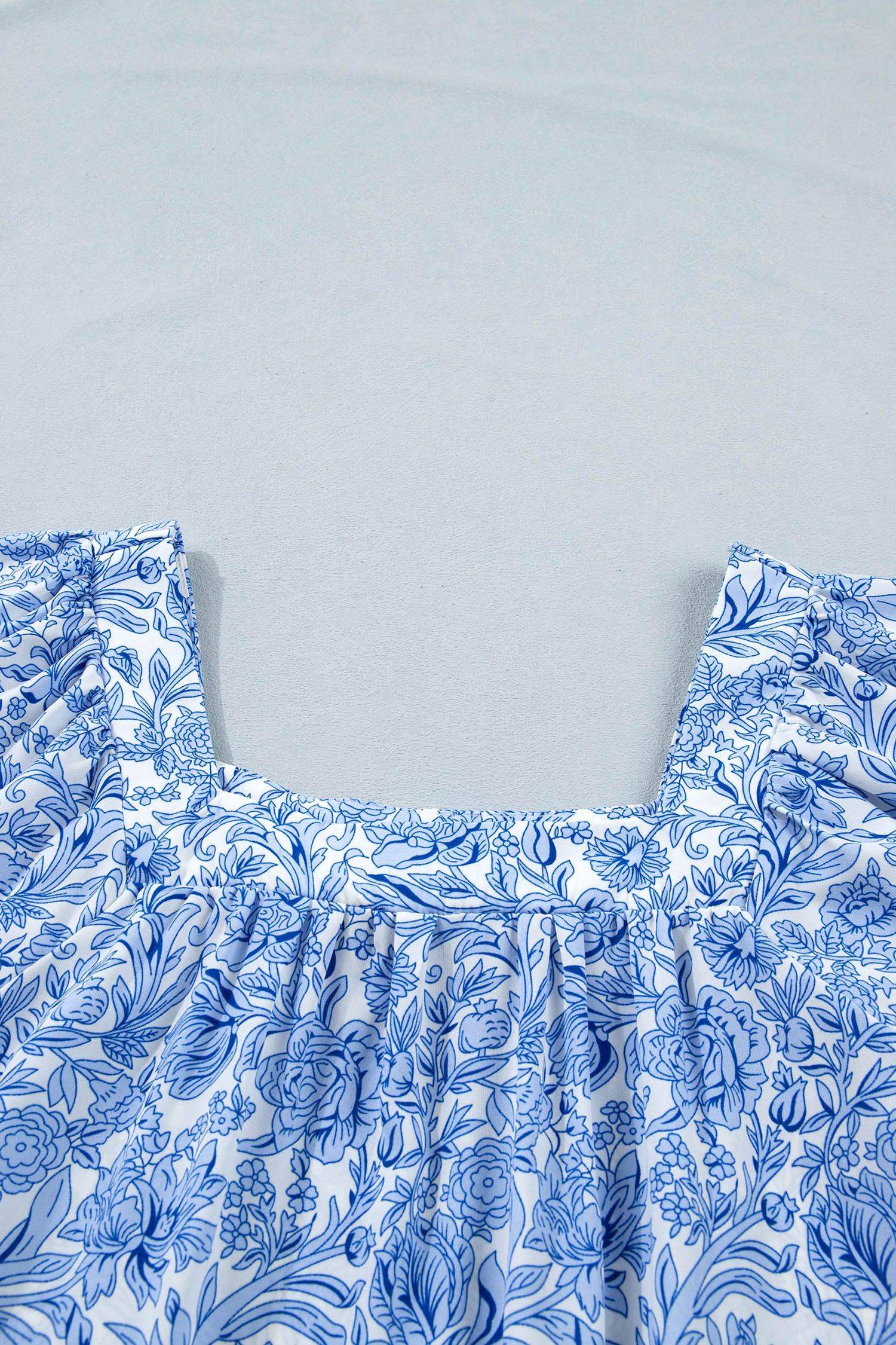 Sky Blue Square Neck Short Puff Sleeve Pleated Floral Blouse - Sweet Fashion Wholesale