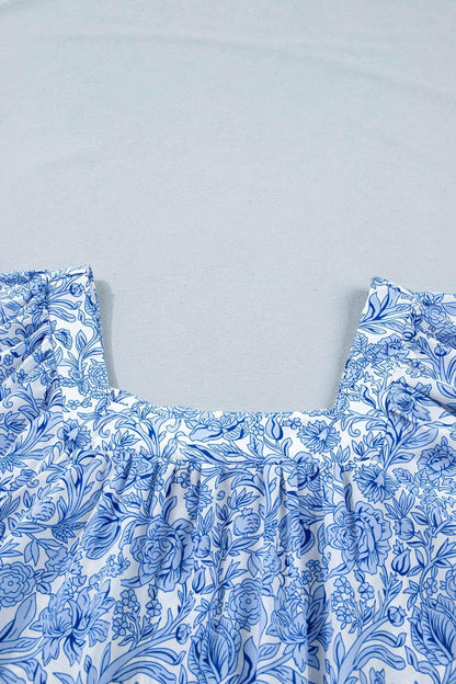 Sky Blue Square Neck Short Puff Sleeve Pleated Floral Blouse - Sweet Fashion Wholesale