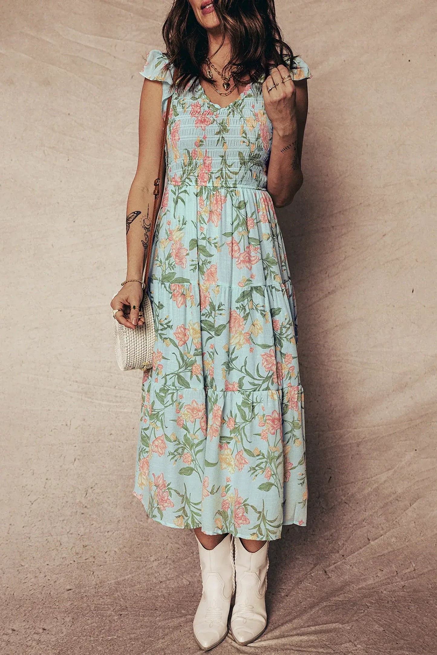 Yellow Smocked Bodice Ruffled Sleeveless Tiered Floral Maxi Dress - Sweet Fashion Wholesale