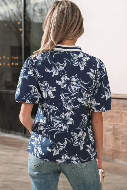 Blue Floral Print Short Puff Sleeve Striped Trim V Neck Blouse - Sweet Fashion Wholesale