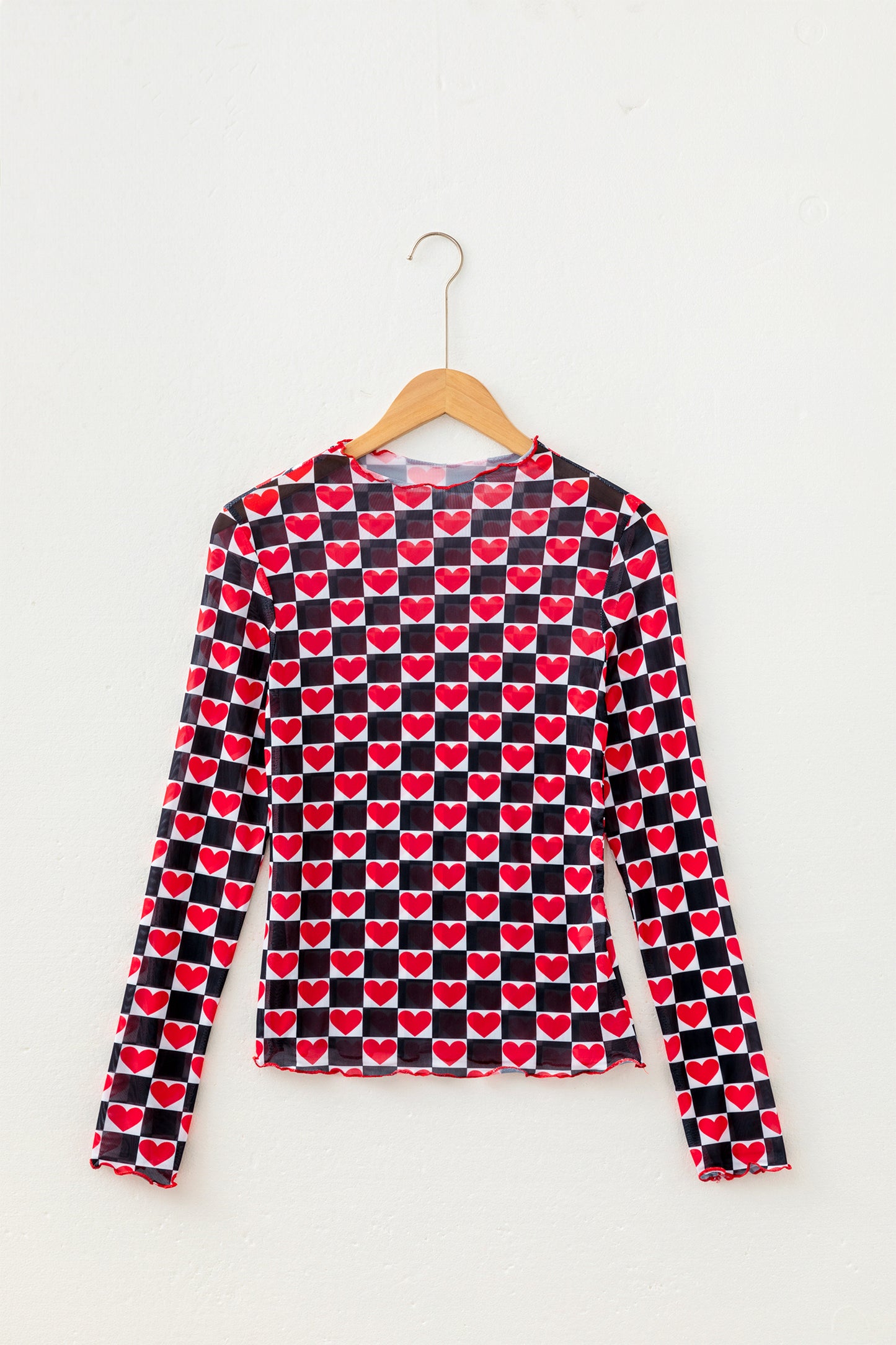 Black Plaid Heart Mesh Sheer Long Sleeve High Neck Blouse