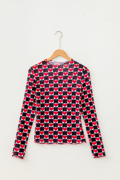 Black Plaid Heart Mesh Sheer Long Sleeve High Neck Blouse