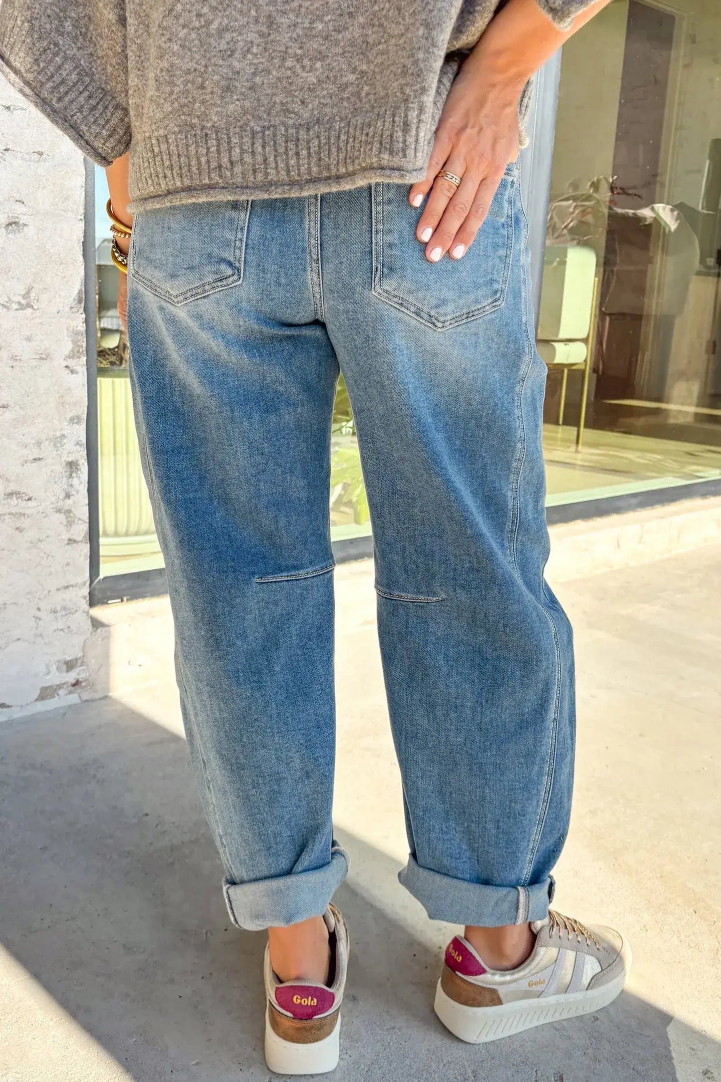 Sky Blue Medium Wash Cuffed Barrel Jeans - Sweet Fashion Wholesale