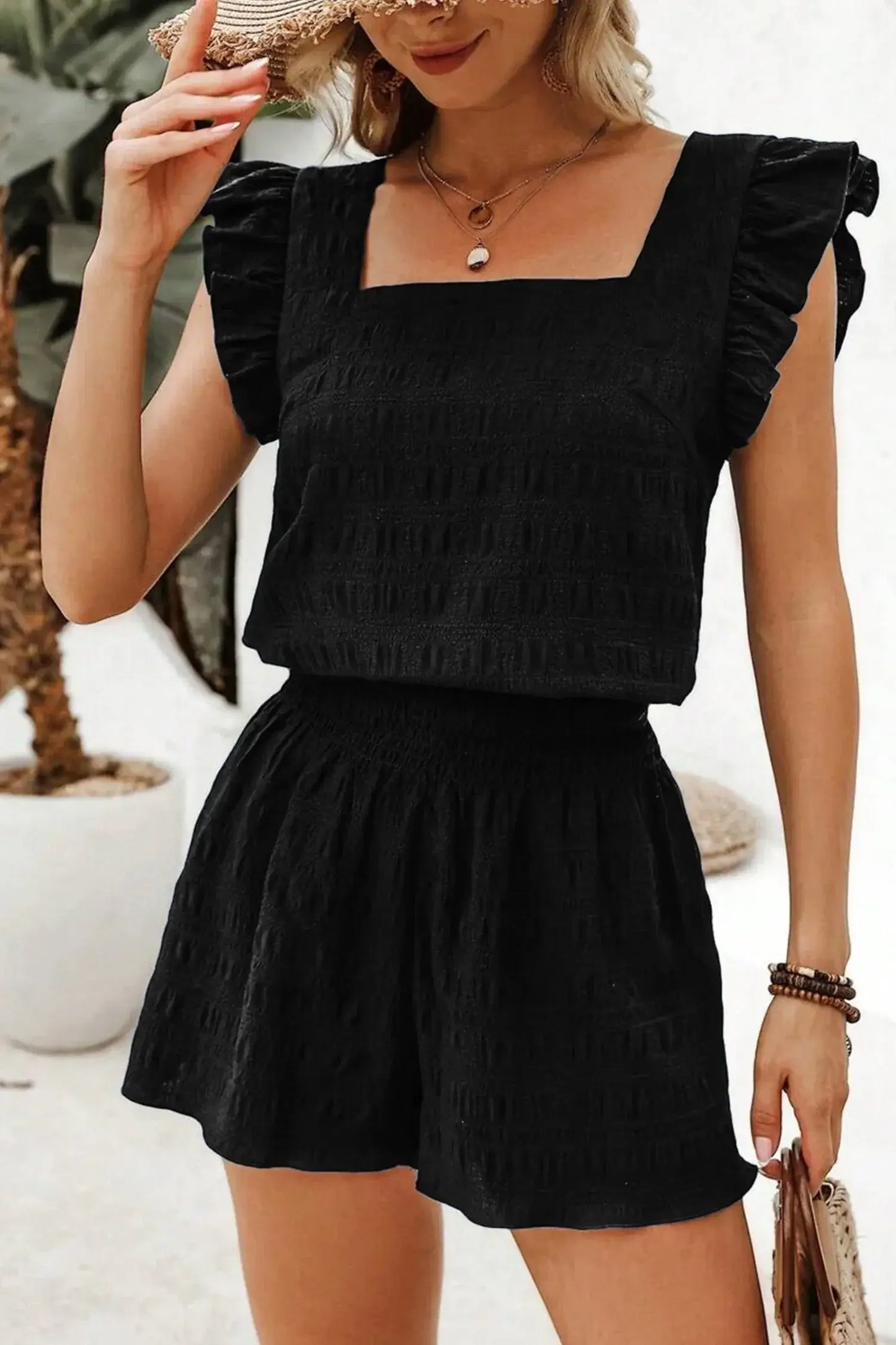 Black Textured Square Neck Top and Shirred High Waist Shorts Set - Sweet Fashion Wholesale