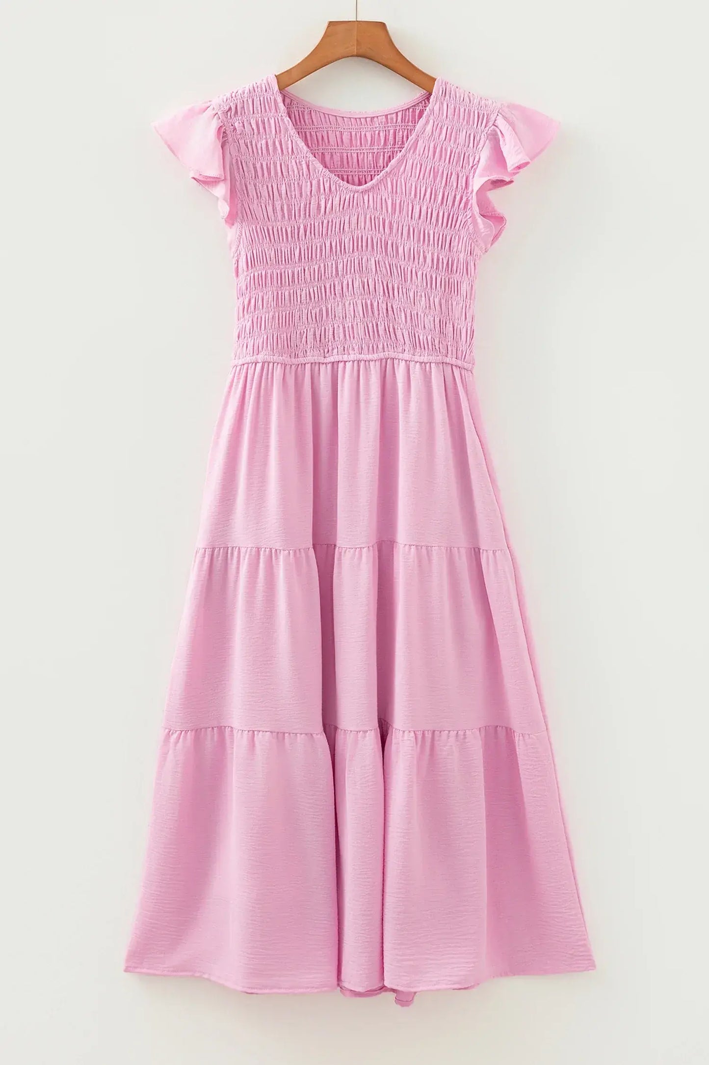 Pink Smocked Bodice Flutter Sleeve Fit Flare Tiered Midi Dress - Sweet Fashion Wholesale
