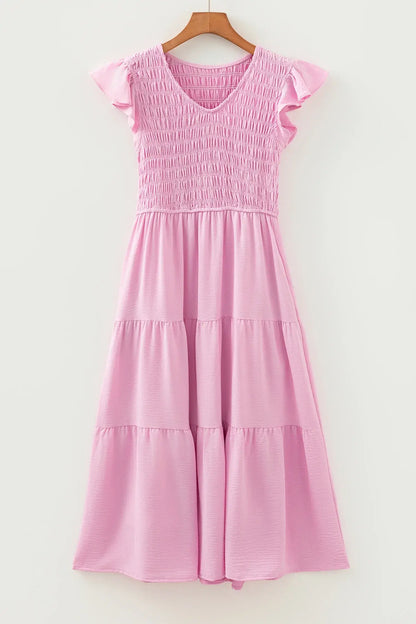 Pink Smocked Bodice Flutter Sleeve Fit Flare Tiered Midi Dress - Sweet Fashion Wholesale