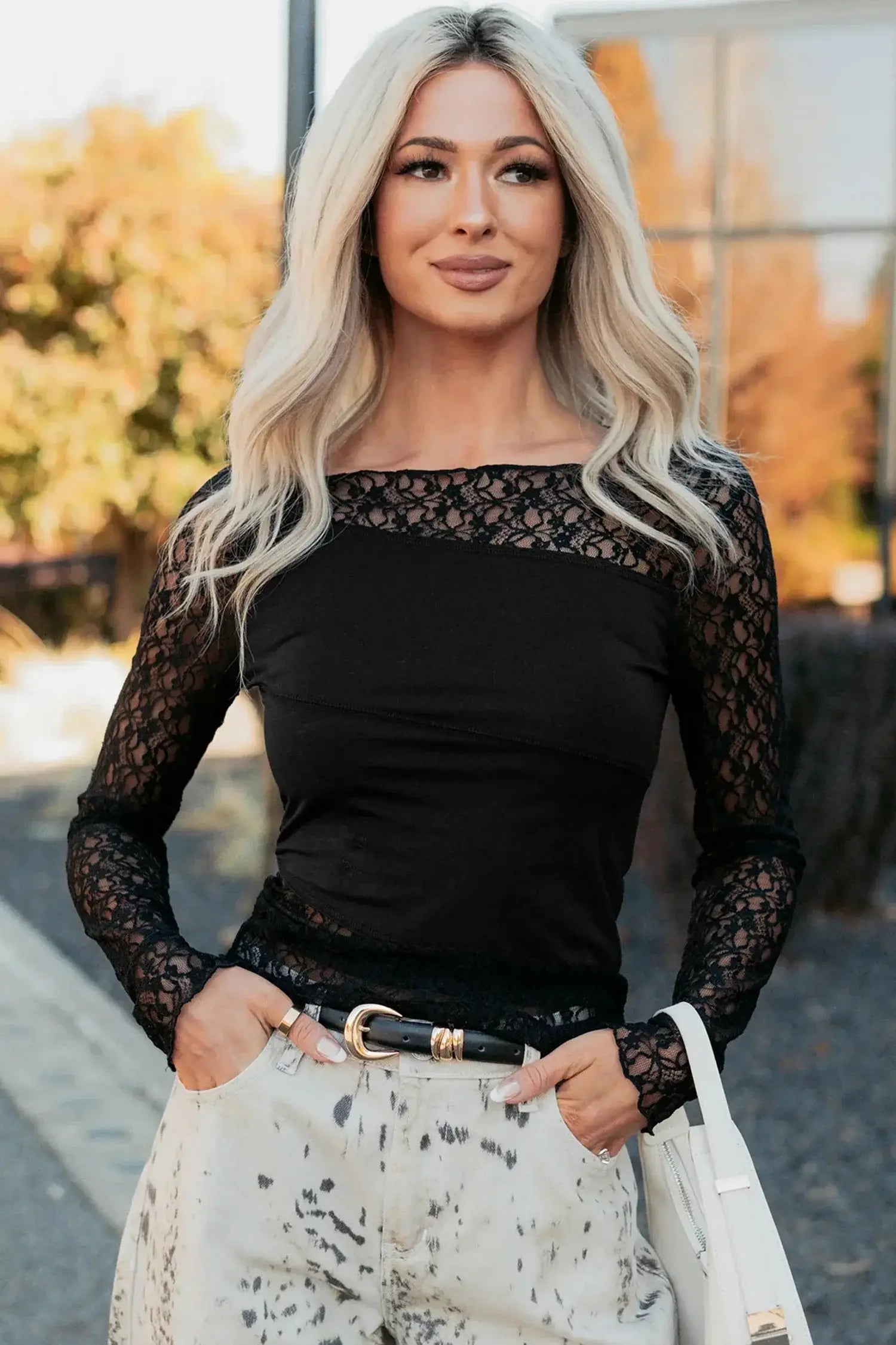 Black Asymmetric Panels Sheer Floral Lace Patchwork Long Sleeve Top - Sweet Fashion Wholesale