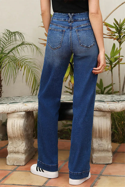 Sky Blue Double Button Zip Fly Straight Leg Jeans - Sweet Fashion Wholesale