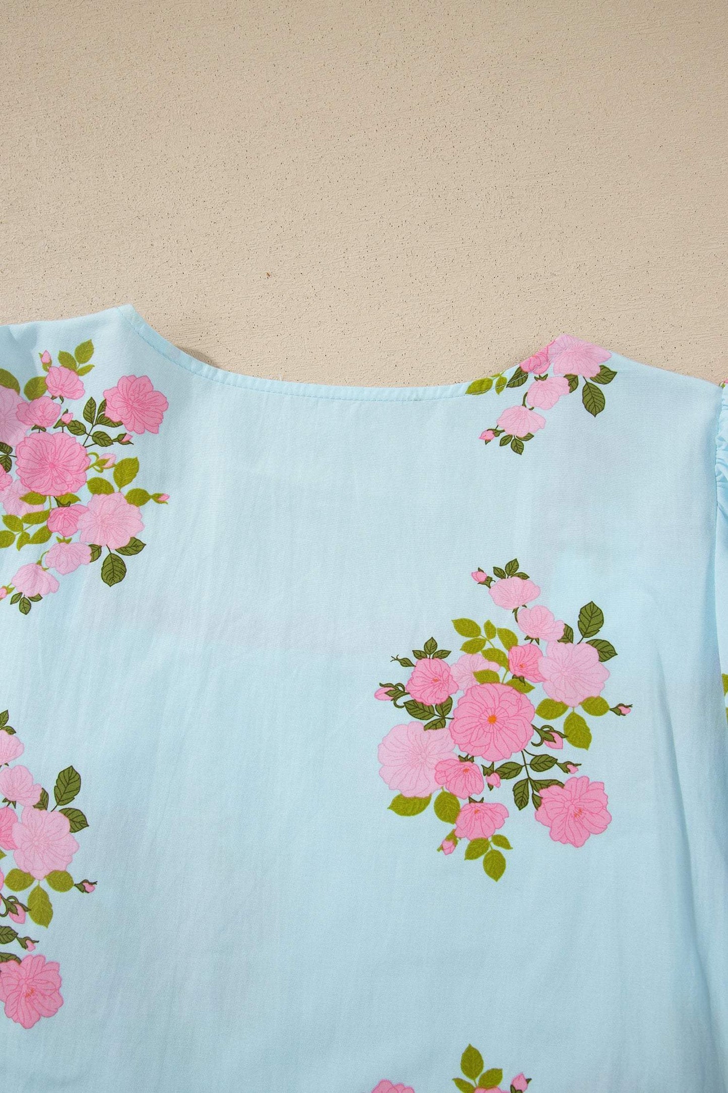 Sky Blue Floral Printed Contrast Ricrac Detail Bubble Sleeve Blouse