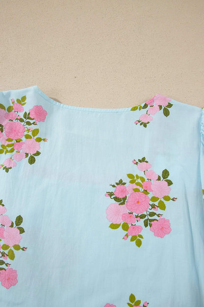 Sky Blue Floral Printed Contrast Ricrac Detail Bubble Sleeve Blouse