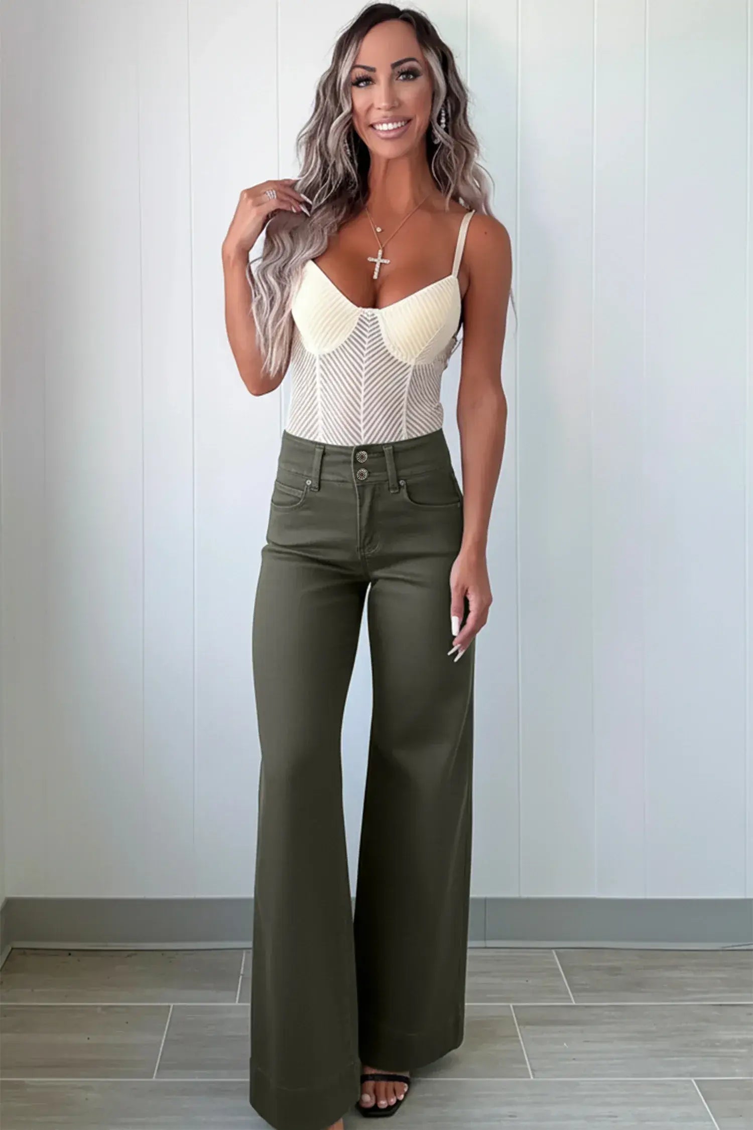 Mist Green 2-Button High Waist Wide Leg Jeans - Sweet Fashion Wholesale