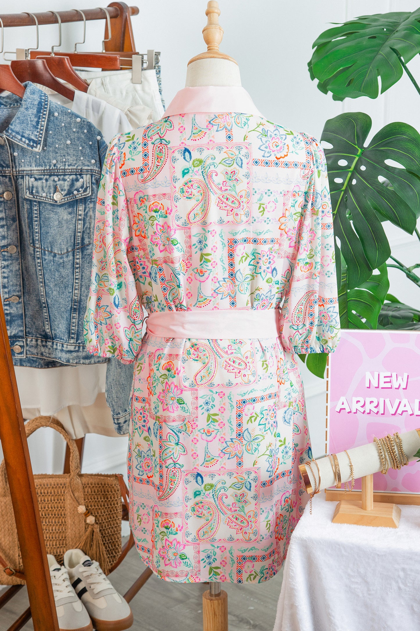 Pink Boho Floral Print Color Block Trim Half Button Belted Mini Dress