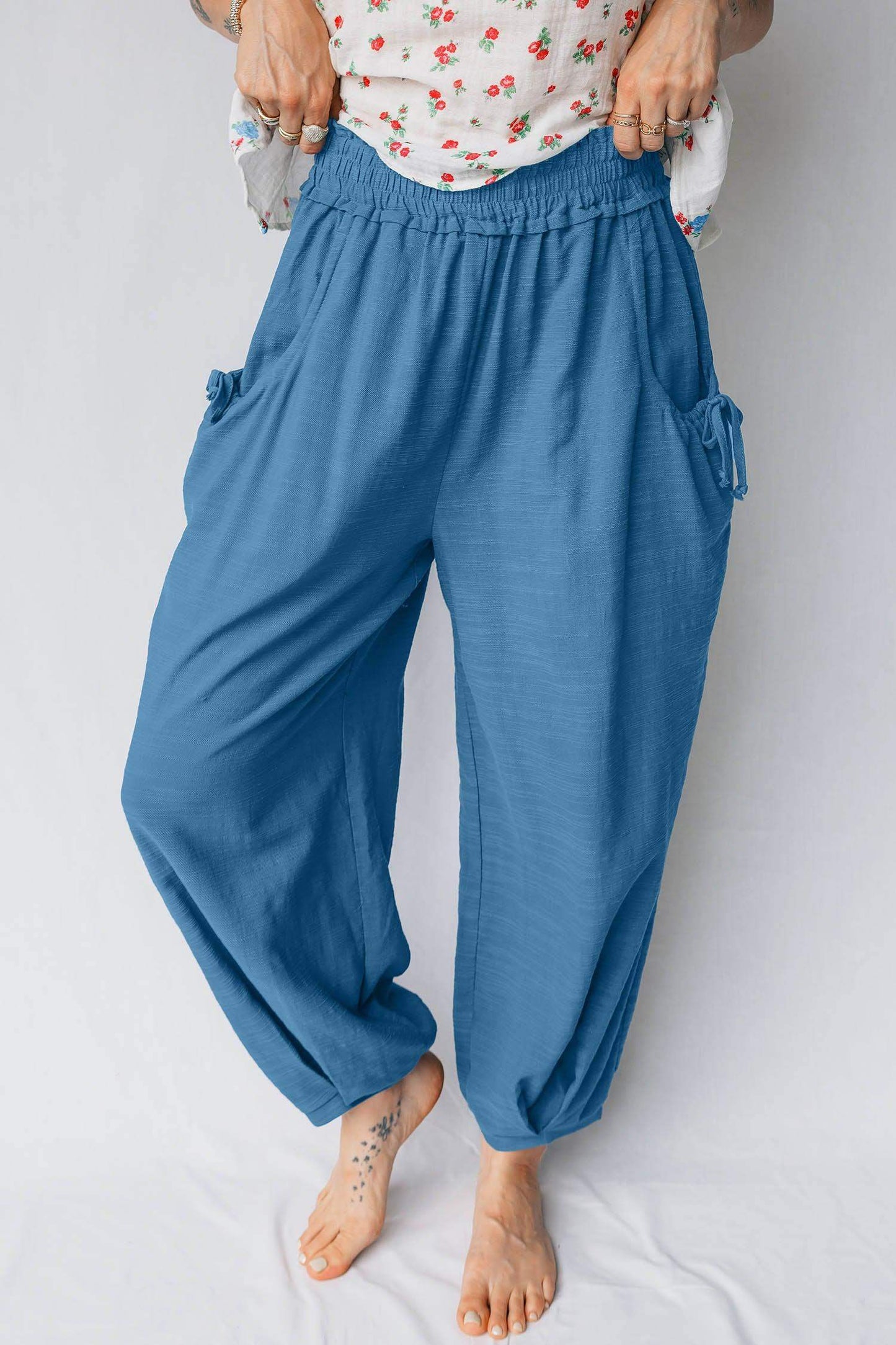 Prussian Blue Smocked Waist Casual Jogger Style Pants - Sweet Fashion Wholesale