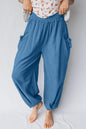 Prussian Blue Smocked Waist Casual Jogger Style Pants - Sweet Fashion Wholesale