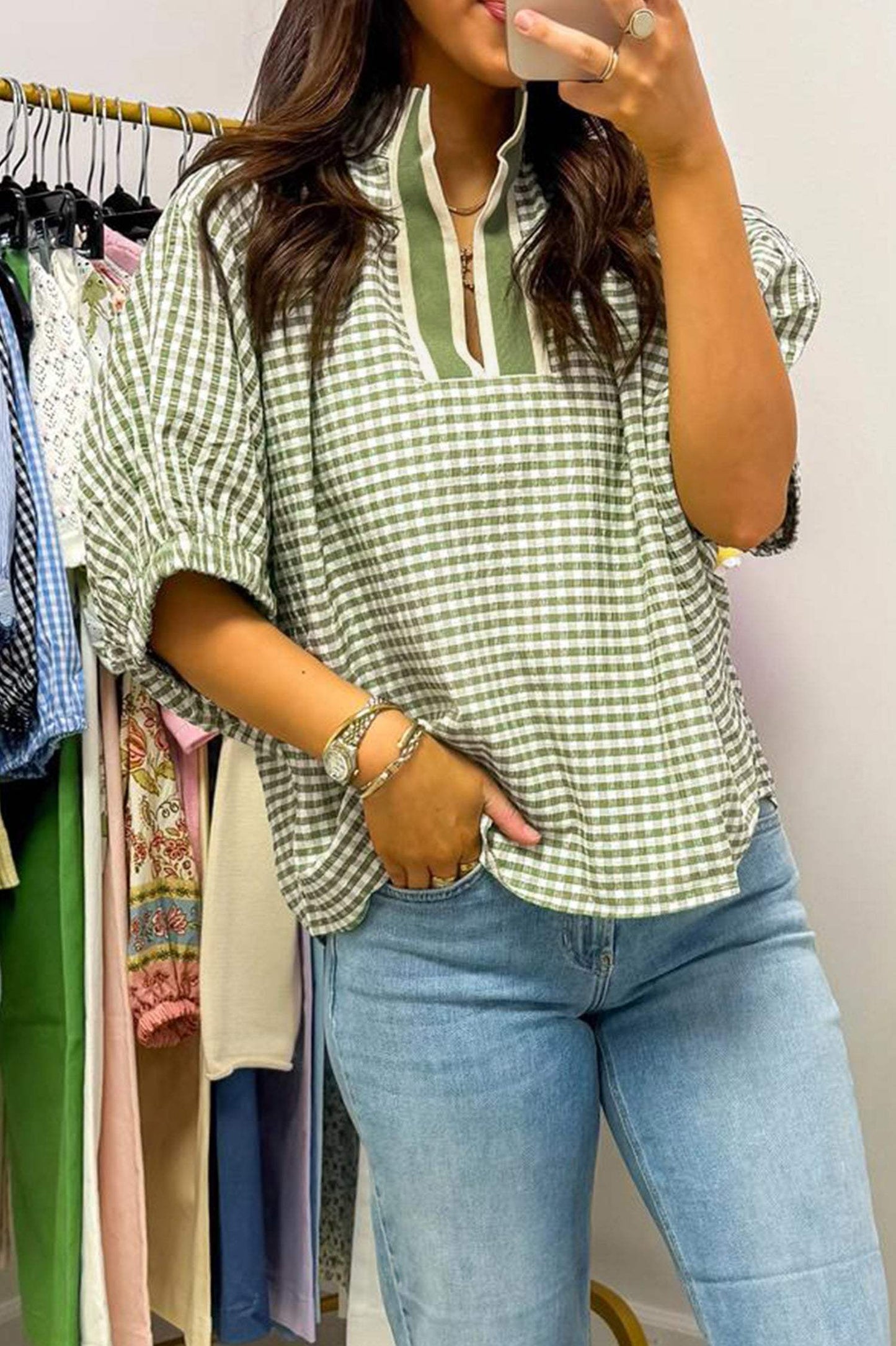 Green Plaid Short Sleeve Colorblock Trim Split Neck Blouse