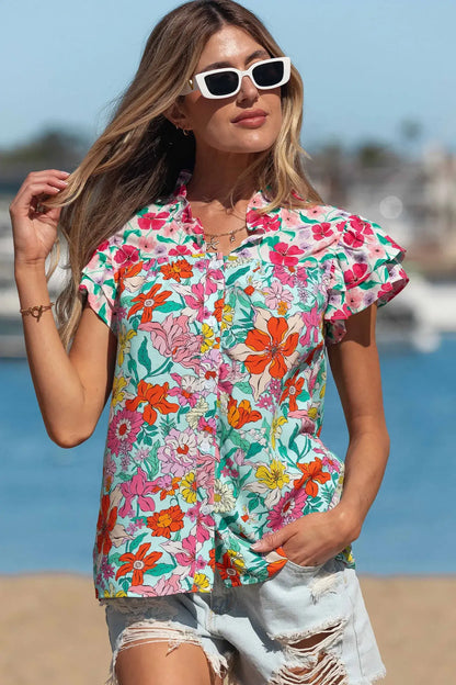 Sky Blue Floral Print Split Neck Button Front Flutter Sleeve Blouse - Sweet Fashion Wholesale