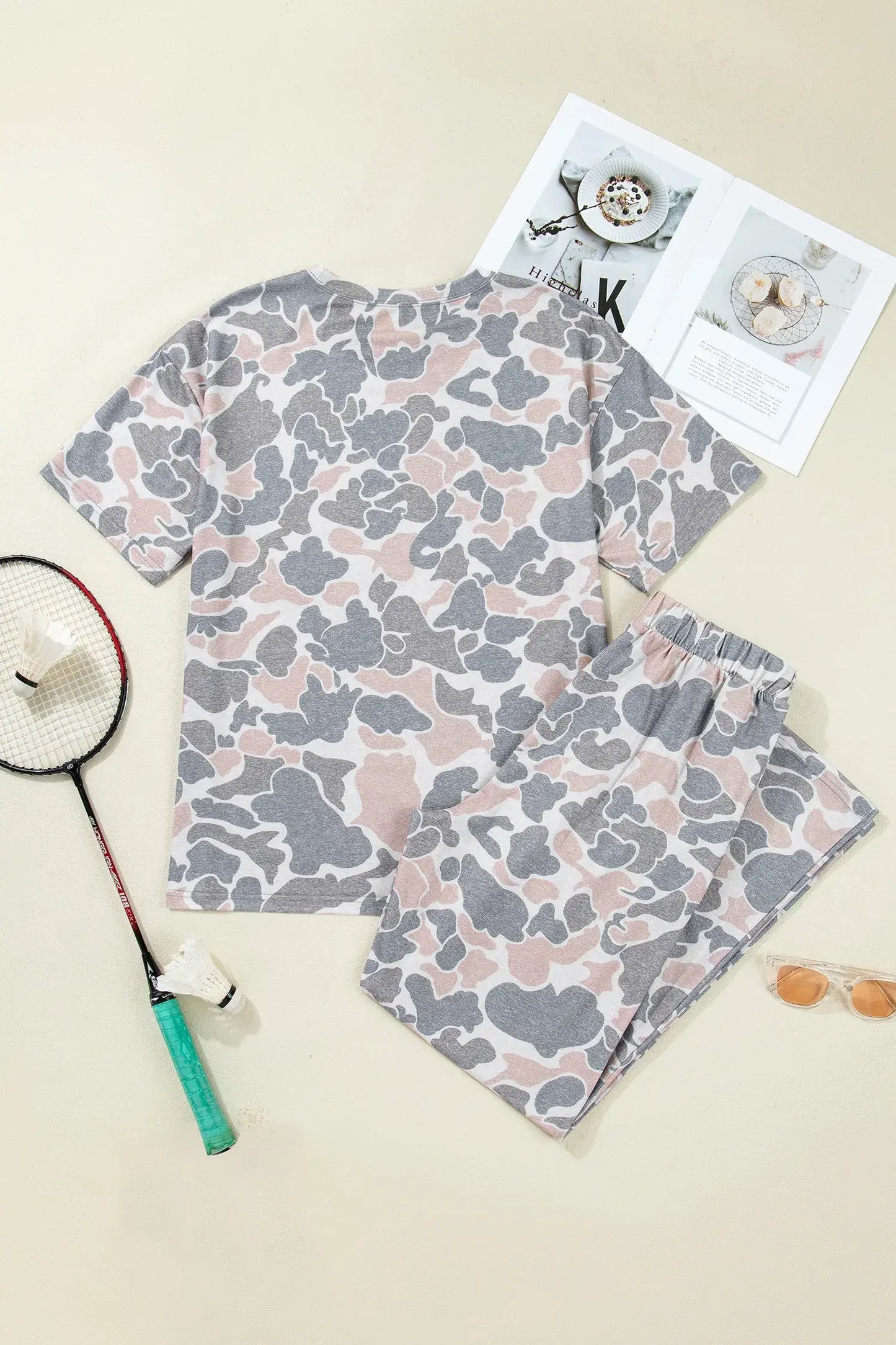 Multicolour Camouflage Short Sleeve Top and High Waist Wide Leg Pants Set