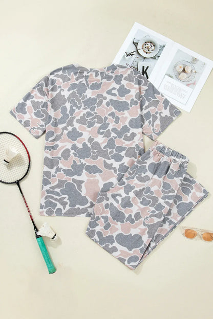 Multicolour Camouflage Short Sleeve Top and High Waist Wide Leg Pants Set